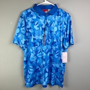 Redvanly Fleurs Polo Mens Large Marine Blue Floral Performance Golf Shirt NEW